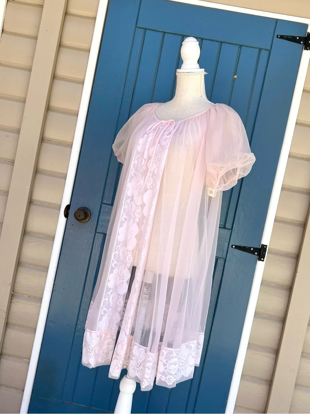 VTG Miss Elaine Sheer Babydoll Nightgown Pink Chiffon Lace Coquette Made in USA